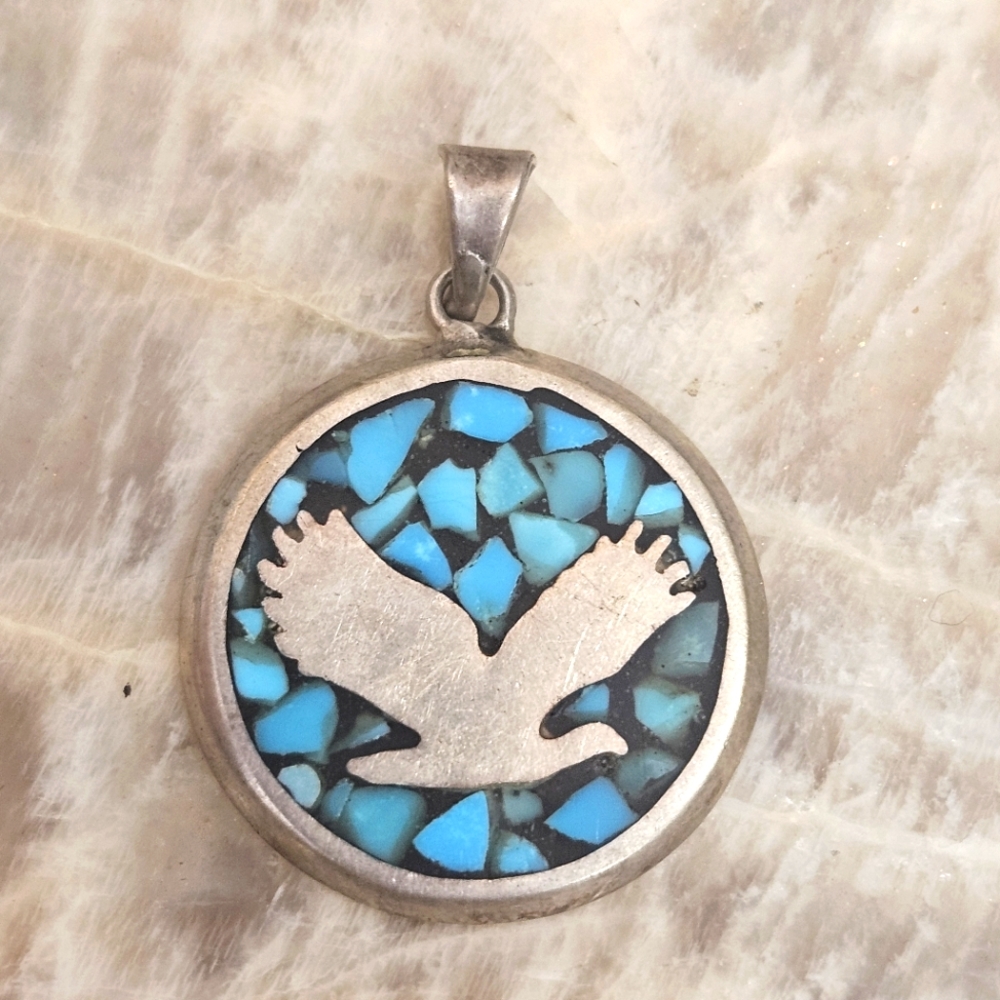 Crushed Turquoise Sterling Silver Southwestern Style Eagle 925 Vintage Pendant